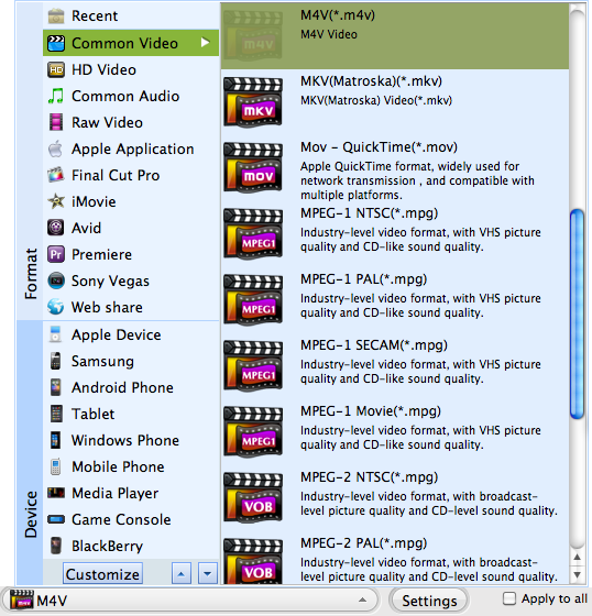 Set MOV files as the output format